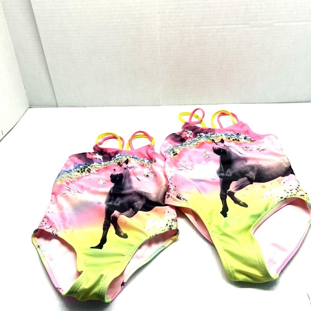 Two Little Girls One Piece Tankini Unicorn Swimsuit Sz 4-5 and SZ 5-6 Matching